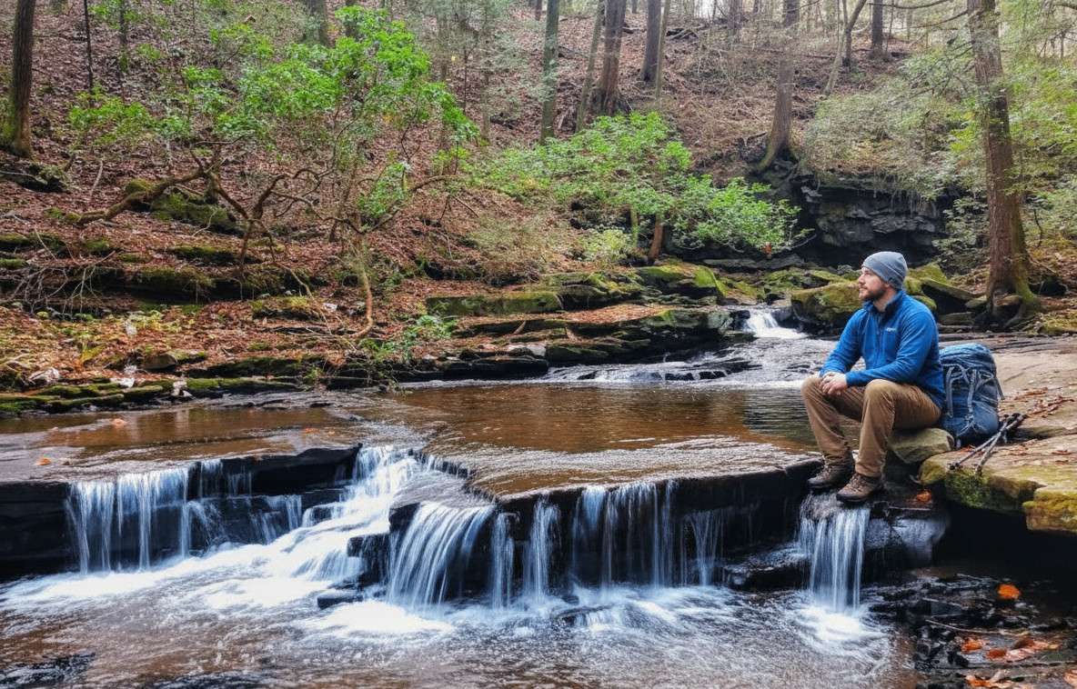 Hiker sitting on a rock at South Cumberland State Park