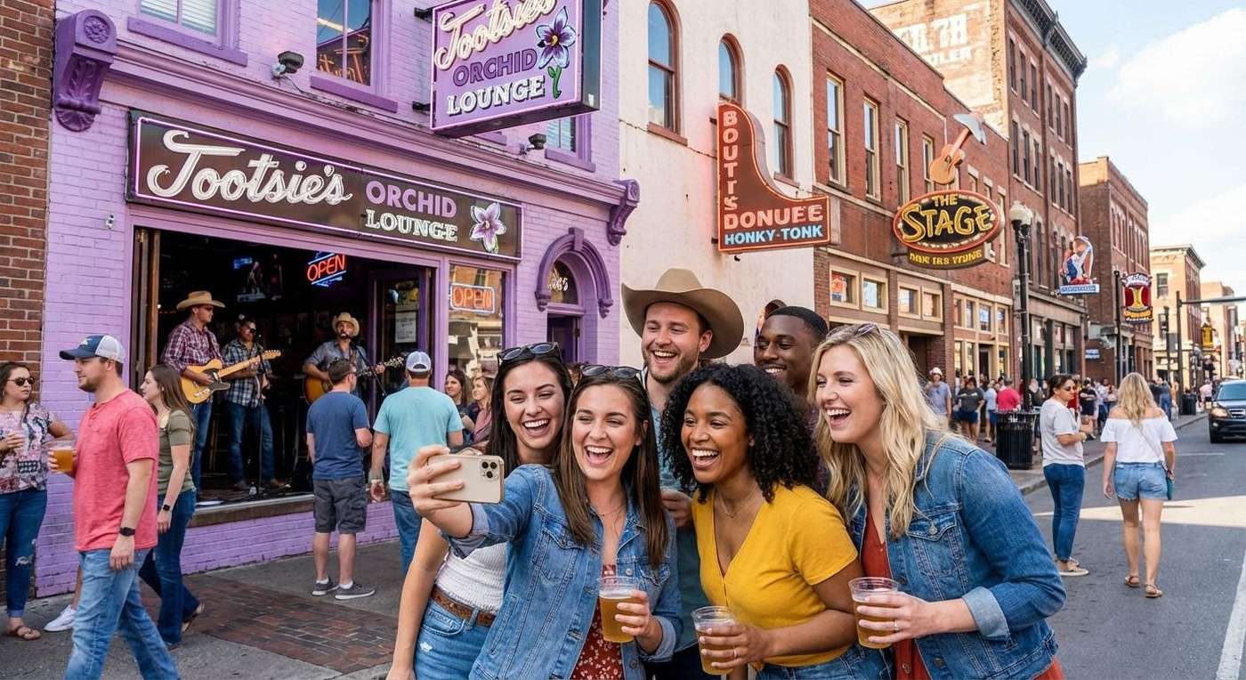 Friends taking a selfie in Downtown Nashville