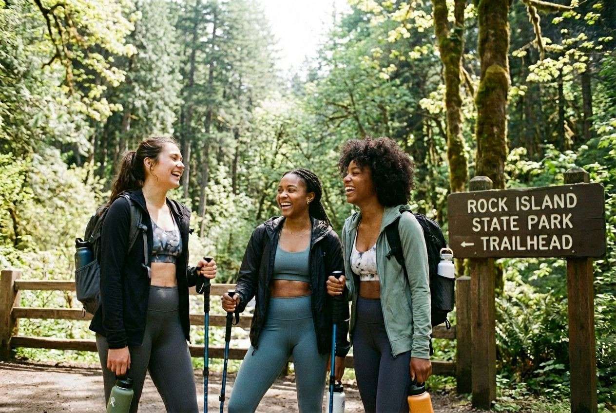 Friends laughing ready to hike