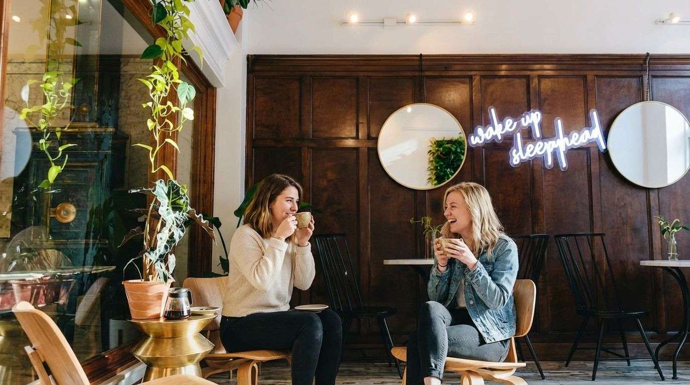 Friends sippig coffee at Sleepyhead Coffee