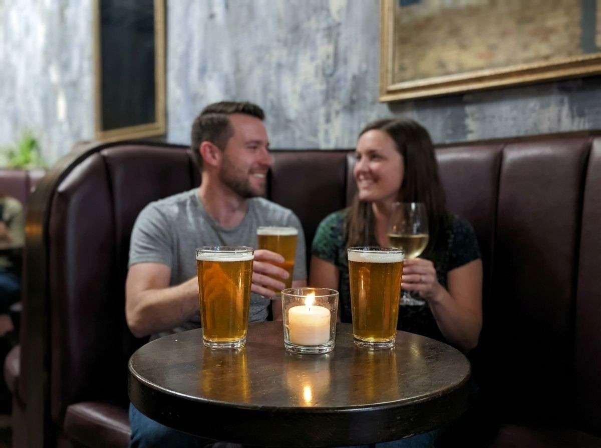 Couple drinking beer at No Hard Feelings Bar
