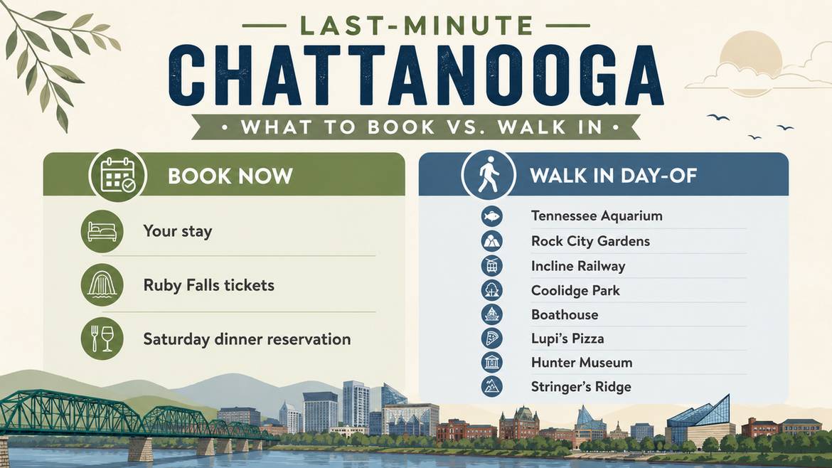 Infographic showing what to book in advance vs. what to walk into in Chattanooga