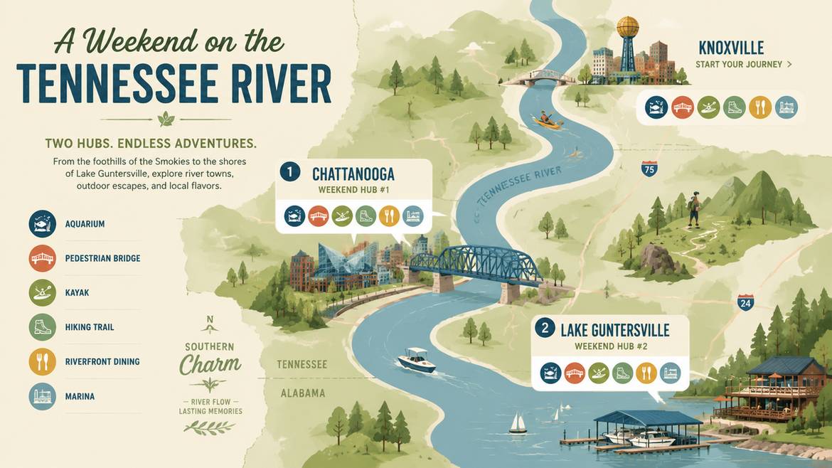 Map and icons for a weekend on the Tennessee River showing Chattanooga and Lake Guntersville hubs