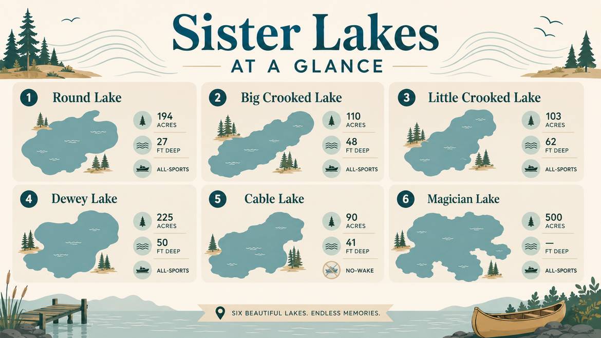 Sister Lakes at a Glance: comparison of the six primary lakes by size, depth, and character