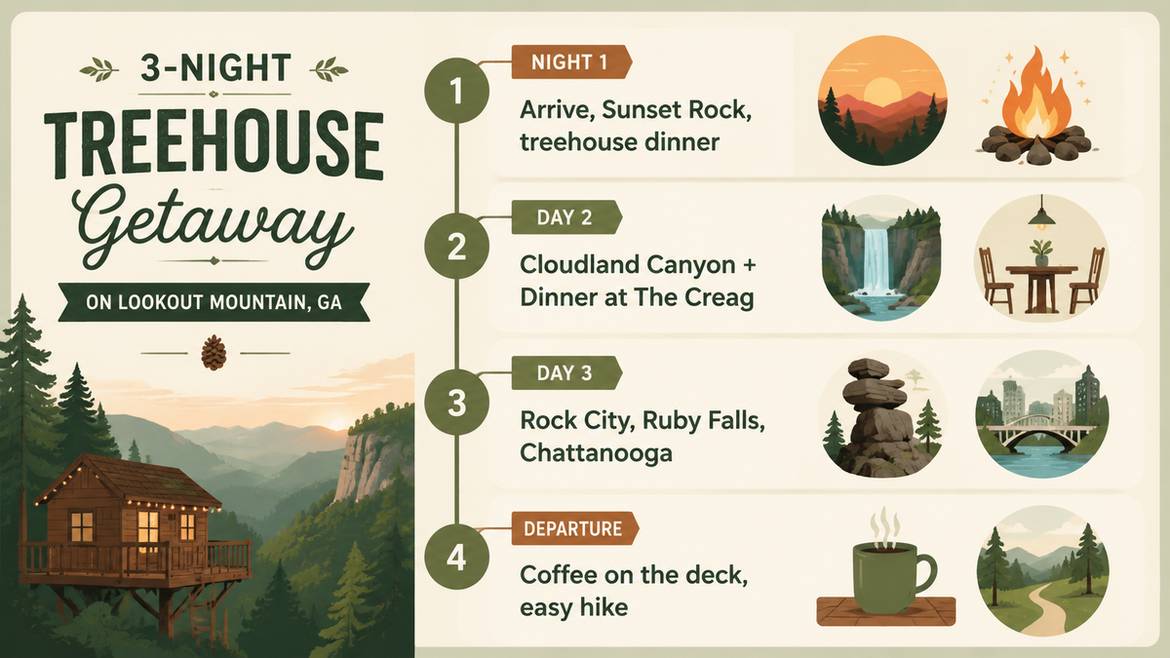 3-Night treehouse getaway itinerary for Lookout Mountain, GA infographic