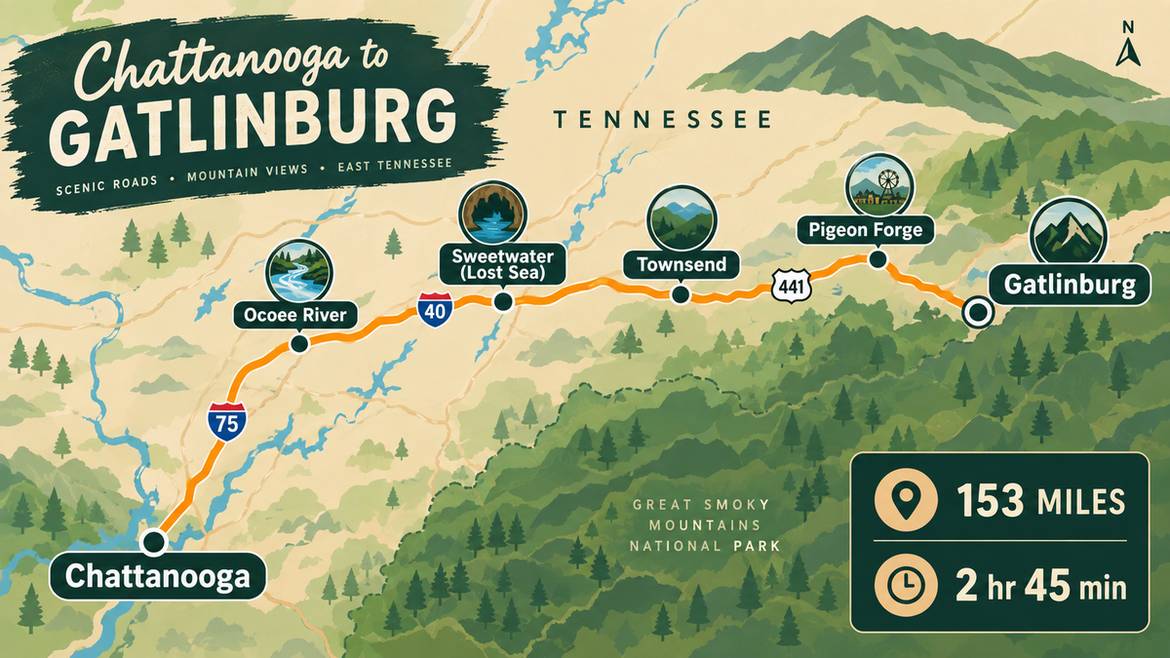 Illustrated route map showing the Chattanooga to Gatlinburg drive across East Tennessee with distance and stop callouts