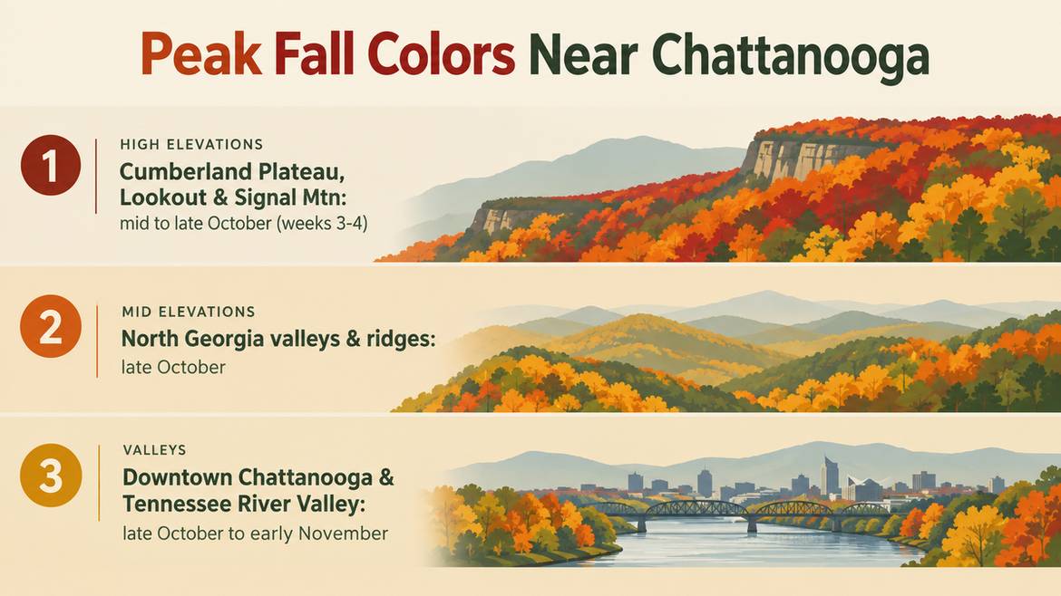 Peak fall color timing by elevation near Chattanooga: plateau and ridges in mid to late October, valleys in late October to early November