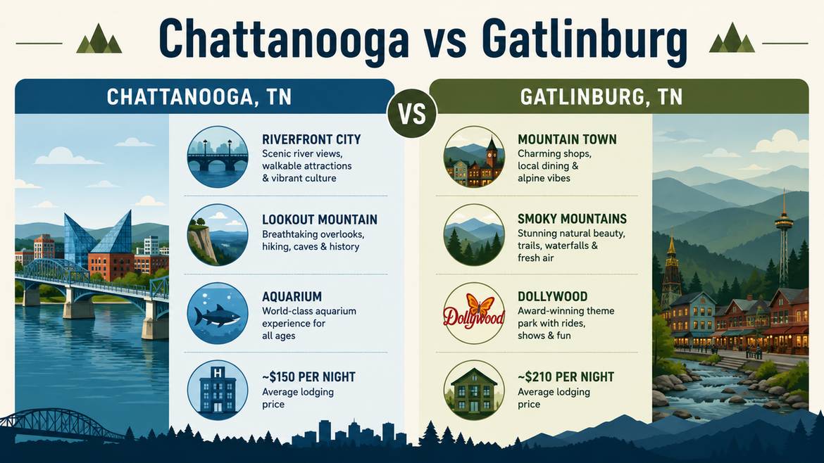 Chattanooga vs Gatlinburg quick comparison infographic covering vibe, top attractions, and average nightly lodging cost